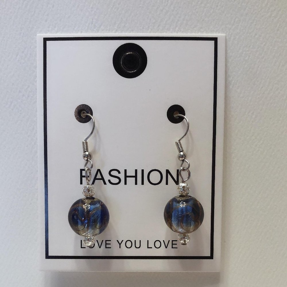 Ocean Blue and Gold leaf glass beads earrings